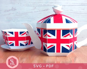 BÜNDEL Union Flagge Tee Party Favor Boxen SVG + PDF Vorlagen, Union Jack Teekanne Teetasse Tee Set Leckerli Boxen, Tea Party Geschenk Box Favors