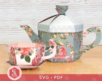 BUNDLE Tea Party Favour Box SVG + PDF Templates, Teapot Teacup Treat Boxes, 3D Tea Party Gift Box Favours, Paper Tea Pot, Tea Cup, Tea Set
