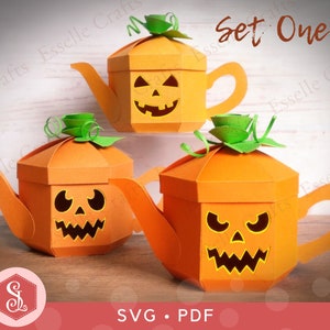 Pumpkin Teapot Boxes (Set One) SVG + PDF Templates. Novelty Teapot Box. Halloween Lantern. Fall Decor. Candy Box. Jack-o&#39;-Lantern Treat Box