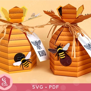Modelos SVG + PDF da caixa de lembrancinhas Bee Hive. Caixa de abelha. Caixa de favo de mel SVG. Caixa de presente colmeia. Arquivo de corte de silhueta Cricut. Artigos Digitais de Abelha.
