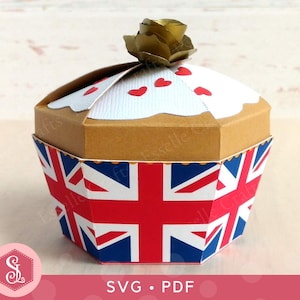 Caixa de cupcake com bandeira do Reino Unido SVG + modelos em PDF. Caixa de lembrancinhas da Union Jack. Caixa de papel para cupcake. Caixa de guloseimas para chá da tarde britânico. Caixa de cupcake com bandeira do Reino Unido.