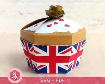 Union Flag Cupcake Box SVG + PDF Vorlagen. Union Jack Gunst Box. Cupcake Box aus Papier. Britische Tea Party Leckerli Box. Union Jack Cupcake Box.