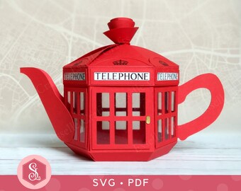 Red Telephone Teapot Box SVG + PDF Templates. Novelty Teapot. London Gift Box. Cricut Cut File. DIY British Teapot Box. Printable Template.