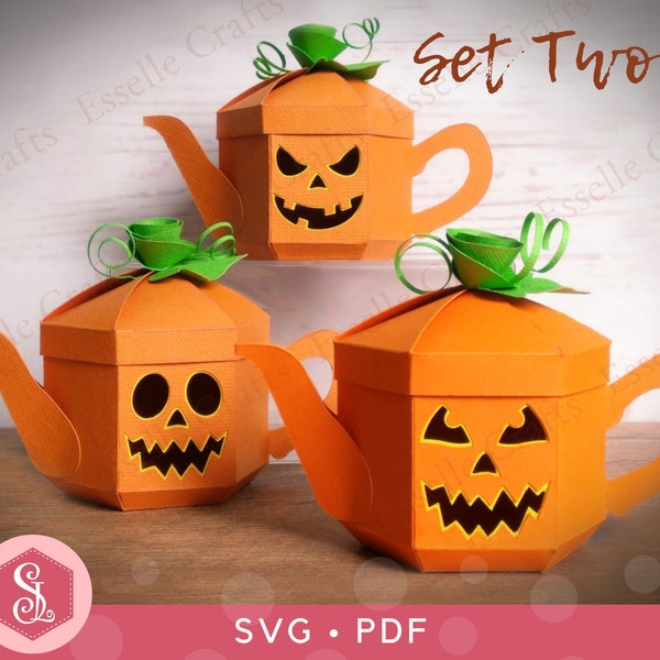 Pumpkin Teapot Boxes (Set Two) SVG + PDF Templates. Novelty Teapot Box. Halloween Lantern. Fall Decor. Candy Box. Jack-o'-Lantern Treat Box