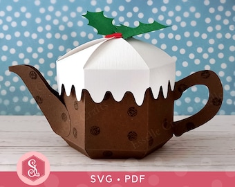 Christmas Pudding Teapot Gift Box SVG + PDF Templates. 3D Papercraft Tea Pot. Do It Yourself Festive Party Favours (Digital Download)