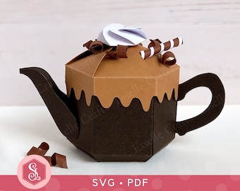 Boîte de théière au chocolat SVG + modèles PDF, boîte-cadeau de théière 3D de nouveauté, fichier de coupe de silhouette Cricut, boîte de friandises de table de fête de thé