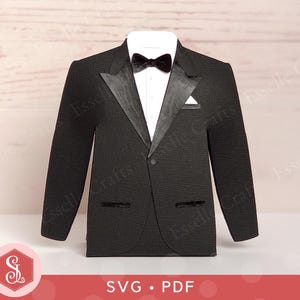 Modelli SVG + PDF per scatola bomboniera smoking. Porta carte regalo per abito elegante da uomo. Scatola regalo per giacca e cravatta per la festa del papà. Modello per scatola bomboniera matrimonio.