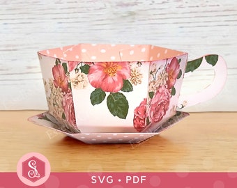 Teetasse und Untertassen Geschenk SVG + PDF Vorlagen, Tee-Party-Tischgeschenk, Englische Tee-Party-Leckerli-Box, 3D-Papier Teetasse Geschenk, druckbare Teetasse