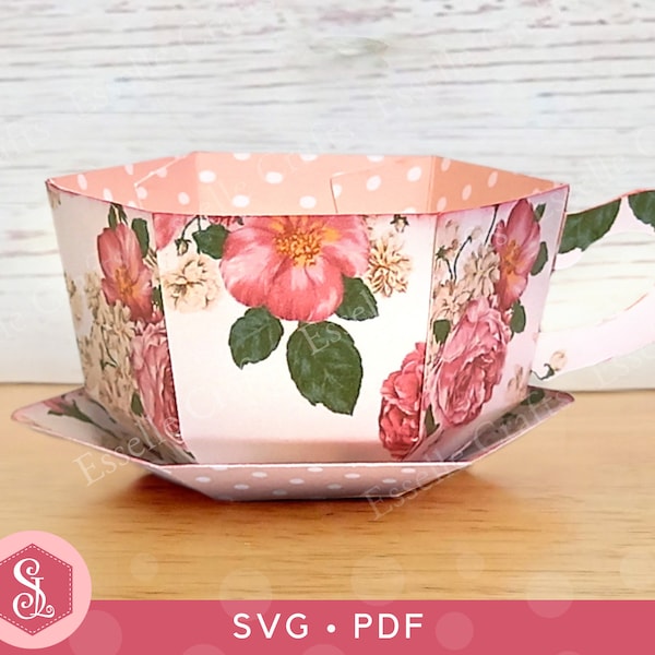 Tasse à thé et soucoupe cadeau SVG + modèles PDF, faveurs de table Tea Party, boîte à régals anglais Tea Party, cadeau tasse de thé en papier 3D, boîte de tasse de thé simple