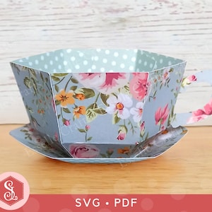 Modelli SVG + PDF per bomboniere con tazza da tè e piattino, bomboniera per il tavolo del tè, scatola per dolcetti per il tè inglese, regalo con tazza da tè in carta 3D, tazza da tè stampabile
