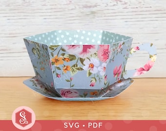 Teacup and Saucer Favour SVG + PDF Templates, Tea Party Table Favor, English Tea Party Treat Box, 3D Paper Teacup Gift, Printable Tea Cup