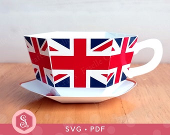 Union Flagge Teetasse und Untertasse Favor SVG + PDF Vorlagen. Union Jack Teetasse Geschenkbox. Britische Teeparty Leckerbissen Box. Druckbare Papier Teetasse.