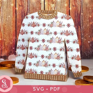 Gemusterte Pullover Favor Box SVG + PDF Vorlagen. Weihnachtspullover Geschenkbox. Neuheit hässliche Pullover Geschenkkartenhalter. Weihnachtspullover Box Schnittdatei.
