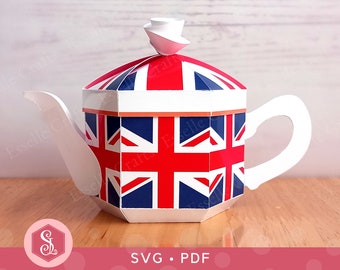 Union Flagge Teekanne Box SVG + PDF Vorlagen. Union Jack Gunst Box. Britische Tea Party Leckerli Box. Druckbare Teekanne aus Papier.