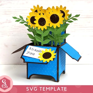 Modello SVG per biglietto scatola girasole. Biglietto scatola pop-up. Biglietto di auguri pop-up. Biglietto girasole. Modello SVG per fiori selvatici. Biglietto di auguri vuoto 3D.