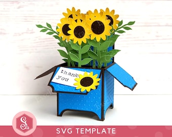 Sunflower Box Card SVG Template, Pop-Up Box Card, Pop-Up Sunflower Greetings Card, Sunflower SVG Template, 3D Blank Summer Greetings Card