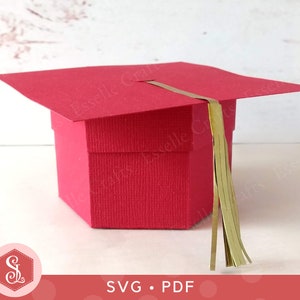 卒業キャップ ギフト ボックス SVG + PDF テンプレート、モルタル ボード ギフト ボックス、卒業証書 トリート ボックス、卒業帽子 パーティー ボックス、卒業生 ブラック キャップ ボックス