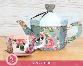 BUNDLE Tea Party Favour Box SVG + PDF Templates, Teapot Teacup Treat Boxes, 3D Tea Party Gift Box Favours, Paper Tea Pot, Tea Cup, Tea Set