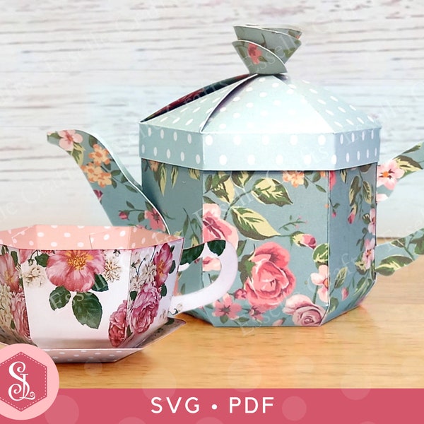 BUNDLE Tea Party Favour Box SVG + PDF Templates, Teapot Teacup Treat Boxes, 3D Tea Party Gift Box Favours, Paper Tea Pot, Tea Cup, Tea Set