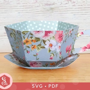 Theekop en schotel gunst SVG + pdf-sjablonen, Tea Party-tafelgunsten, Engelse Tea Party-traktatiedoos, 3D-papier theekopje cadeau, doos eenvoudige theekop