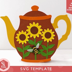 Könnte beinhalten: Eine braune, teekannenförmige Papierbastelvorlage mit drei gelben Sonnenblumen mit braunen Mitten, grünen Stängeln und Blättern sowie einer kleinen Biene mit schwarzen und gelben Streifen. Das Design umfasst einen orangefarbenen Deckel und Griff.