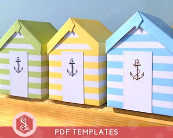 Afdrukbare pdf-sjablonen voor strandhutbedankjes. Geschenkdozen voor een feestje aan zee. DIY-accessoire voor nautisch zomerstrandfeest. Eenvoudig strandthema-decor.