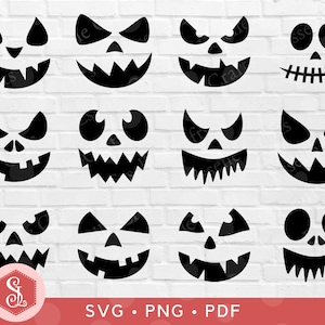 May include: A collection of black Halloween-themed face designs, including various eye and mouth shapes, arranged on a white brick background. The designs are in SVG, PNG, and PDF formats, suitable for crafting projects.