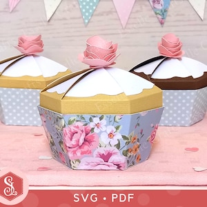 Plantillas SVG + PDF para cajas de regalo para cupcakes. Caja para cupcakes para una merienda. Archivo de corte de silueta para Cricut. Caja para regalos de fiesta. Plantilla imprimible para caja de pastel.