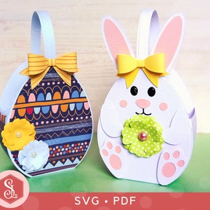 Easter Egg Baskets SVG + PDF Templates, Easter Egg Hunt Basket, Easter Bunny Basket, Cricut Easter Treat Box, Cute Rabbit Candy Basket