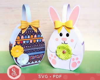 Easter Egg Baskets SVG + PDF Templates, Easter Egg Hunt Basket, Easter Bunny Basket, Cricut Easter Treat Box, Cute Rabbit Candy Basket