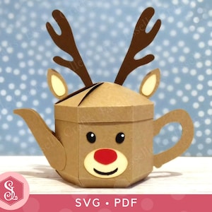 Modelli SVG + PDF per teiera a forma di renna. Teiera regalo originale. Scatola per dolcetti natalizi fai da te. Scatola per bomboniere teiera a forma di renna. Modello teiera in carta 3D.