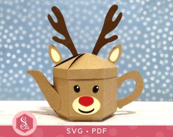Reindeer Teapot Box SVG + PDF Templates. Novelty Gift Teapot. DIY Christmas Treat Box. Reindeer Teapot Favour Box. 3D Paper Teapot Template.