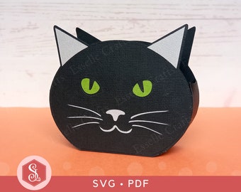 Black Cat Favour Box SVG + PDF Templates, Cute Cat Face Treat Box, Black Cat Party Box, Pet Cat Shaped Gift Box, Halloween Candy Treat Box