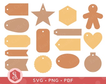 Set of 15 Gift Tag Shapes for Paper Crafts. SVG Cut File Labels for Cricut. Shaped Christmas Gift Tag Bundle PNG. Printable PDF Gift Labels