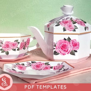 Rose Tea Party Set PDF Templates. Afternoon Tea Party Favour Boxes. Printable Pink Rose Tea Set. Paper Teapot, Teacup and Tea Plate Bundle.