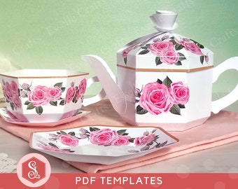 Rose Tea Party Set PDF Vorlagen. Nachmittagstee Party Geschenkschachteln. Rosa Rose Tee Set zum Ausdrucken. Papier Teekanne, Teetasse und Teeteller Bundle.