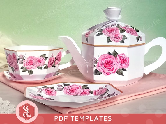 Rose Tea Party Set PDF Templates. Afternoon Tea Party Favour Boxes. Printable Pink Rose Tea Set. Paper Teapot, Teacup and Tea Plate Bundle.