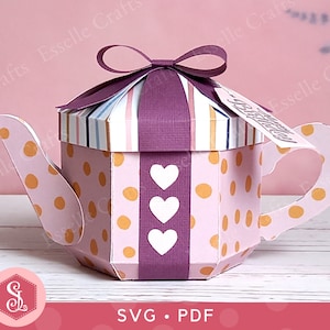 Presenteer theepotdoos SVG + pdf-sjablonen. Nieuwigheid cadeau theepot. Bedankdoosje theepot. Papieren theepot geschenkdoos met strik.