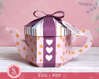 Geschenk Teekanne Box SVG + PDF Vorlagen. Neuheit Geschenk Teekanne. Teekanne Geschenk Box. Teekanne Geschenkbox aus Papier mit Schleife.