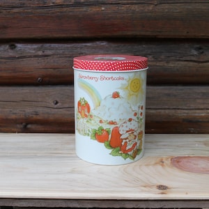 Vintage Strawberry Shortcake Cheinco Metal Tin Kitchen Canister Red and White Polka Dot