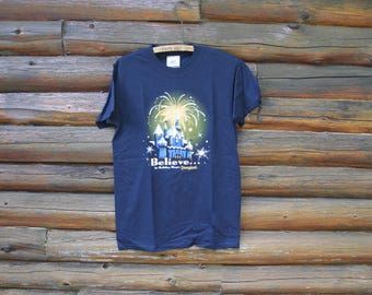 Vintage Disney Disneyland Believe In Holiday Magic Castle With Fireworks Blue T-Shirt Adult Size Small NWT New Old Stock