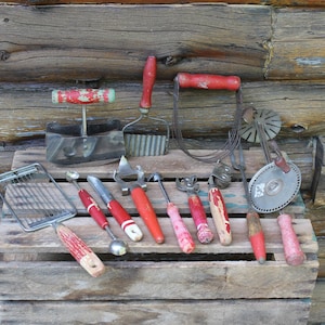 Lot of 12 Vintage Red Wooden Handle Kitchen Utensils Gadgets - Farmhouse Country Kitchen