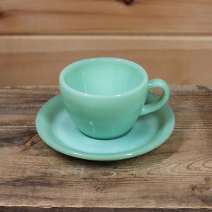 Vintage Fire King Jadeite Green Restaurant Ware USA Heavy Tea Cup and Saucer Set -- Retro Kitchen Home Decor