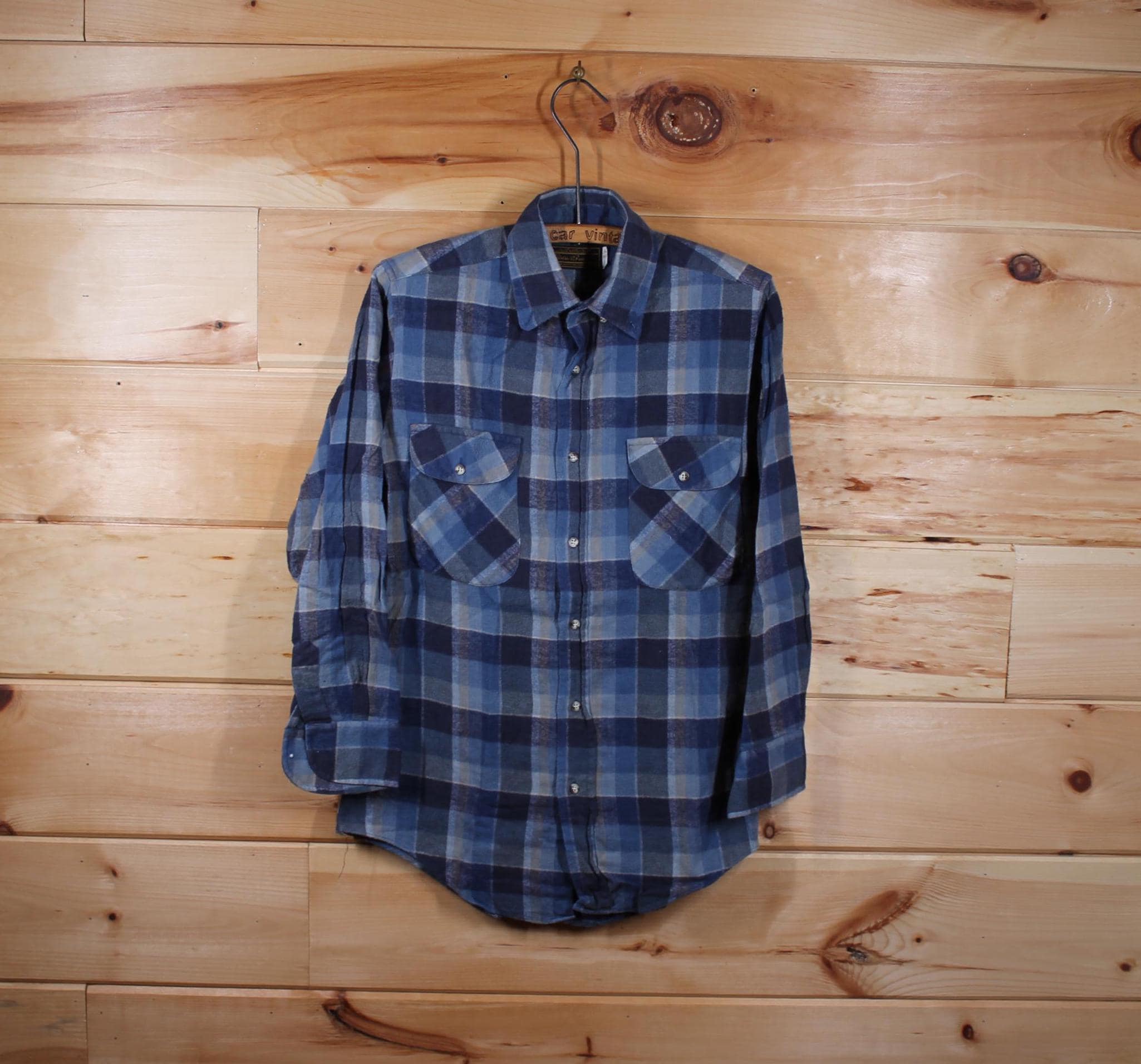 Chemise Vintage Eddie Bauer 70's - Flanelle Bleue, Boutons Pression Métal - Taille L - NOS