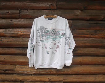 Vintage Country Fall Farm House Nature All Over Print Pullover Sweatshirt Adult Size Medium
