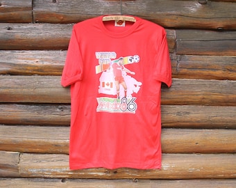 Vintage Team Canada 1986 Mexico Football World Cup Soccer Ringer Red Single Stitch T-Shirt Adult Size Large