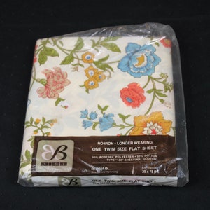 Vintage New In Package Bibb Beige With Flowers Floral Twin Size Sheet Flat Sheet NOS