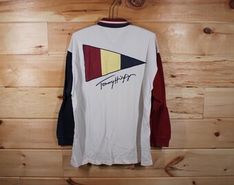Camisa vintage Tommy Hilfiger de manga larga a rayas con cuello estilo preppy de los años 90, talla mediana para adulto