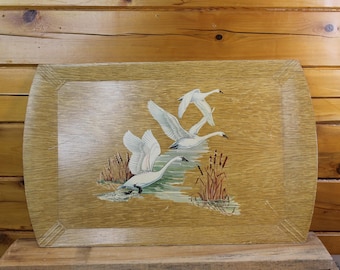 Bandeja de servir grande de madera estilo Art Déco vintage con 3 cisnes - Coronet Haskelite Chicago