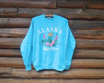 Vintage Wildflowers of Alaska Blue Puff Print Pullover Sweatshirt Adult Size Medium
